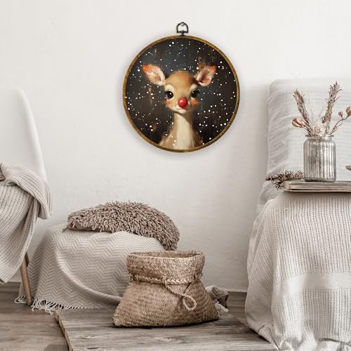 XPH Christmas Red Nose Reindeer Round Wall Art Framed, Christmas Whimsical Deer Circle Wall Decor, Xmas Rustic Winter Deer Hanging Canvas Prints for Home Bedroom Living Room Decoration, 10x10 Inch - color: Christmas 06