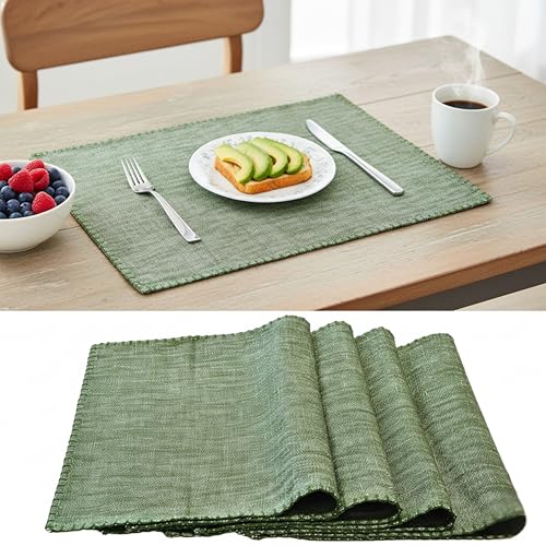 Dining Table Placemats with Decorative Stitched Edge Textured Cotton Kitchen Cloth Table Mats Machine Washable Woven Fabric Dinner Mats Washable Table Plate Mats Green 14”x20” Set of 4 - color: Olive Green, size: 14"x 20"