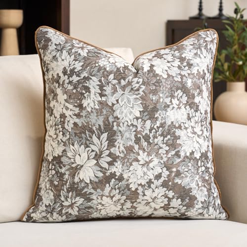 Alerfa Brown Neutral Floral Pillow Cover 20 x 20 Inch, Vintage Chenille Square Couch Pillow Cover Soft Decorative Farmhouse Accent Pillowcase for Living Room Bedroom - color: Brown, size: 20" x 20" (Pack of 1)
