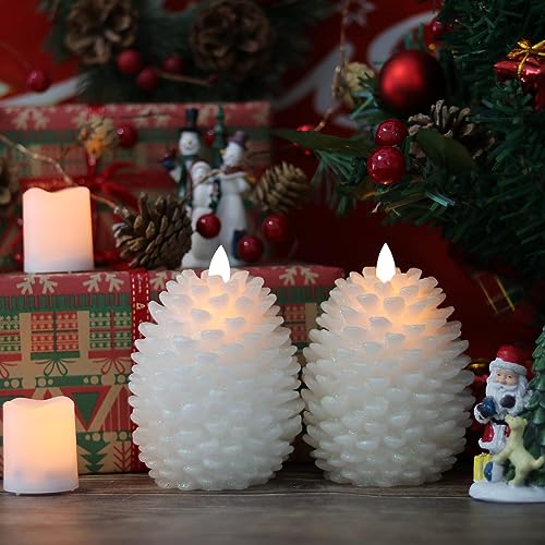 Wondise Pine Cone Flameless Flickering Candles with Remote and Timer - color: 7-White