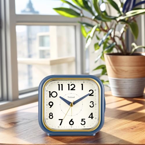 Tinload 4.3" Vintage Retro Analog Alarm Clock, Super Silent Non Ticking Clock with Manual Light, Snooze, Battery Operated, Simply Design, for Living Room, Bedroom, Bedside, Desk(Blue-V2) - style: Blue-Gold