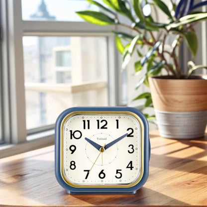 Tinload 4.3" Vintage Retro Analog Alarm Clock, Super Silent Non Ticking Clock with Manual Light, Snooze, Battery Operated, Simply Design, for Living Room, Bedroom, Bedside, Desk(Blue-V2) - style: Blue-Gold