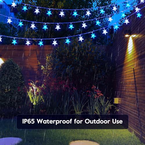 Star String Lights Plug in - 33 ft 100 LED Star Fairy String Lights with Remote and Timer, 8 Modes Waterproof for Bedroom Tent Loft Bed Window Backyard Patio Porch Balcony Staircase Party, Blue - color: Star - Blue - 33 FT