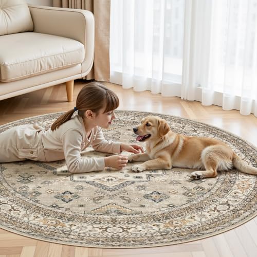 cotiled 5ft Round Living Room Area Rug, Washable, Traditional, Beige - color: Beige, size: 5' (Round)