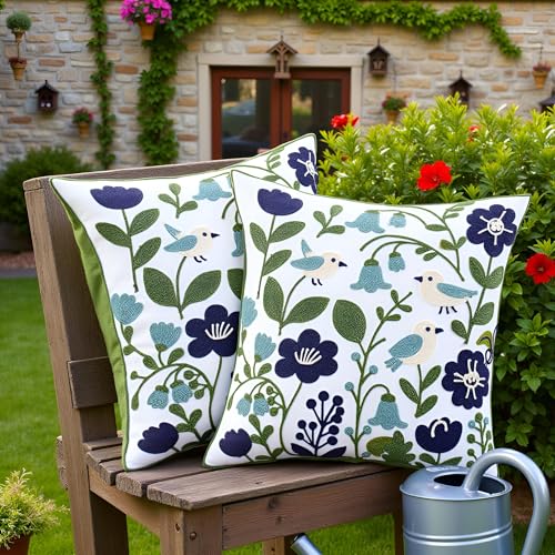 Embroidered Throw Pillow Covers 18x18 inch Pack of 2 Navy Blue Birds - color: Green Leaves With Birds