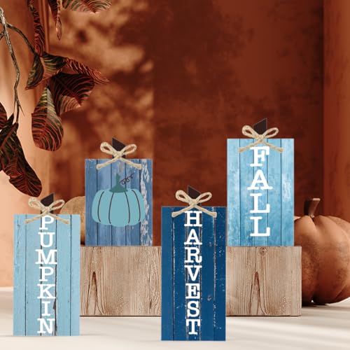 4Pcs Blue Pumpkin Fall Decor Thanksgiving Decorations Sign for Home Indoor