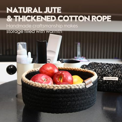 Sea Team 3-Pack Compact Nesting Woven Cotton Rope Storage Baskets, Black - color: Black & Jute