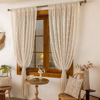 Sheer Boho Lace Curtains 72 Inches Long, Beige, Set of 2 Panels - color: Beige, size: 59"W x 72"L (Pack of 2)