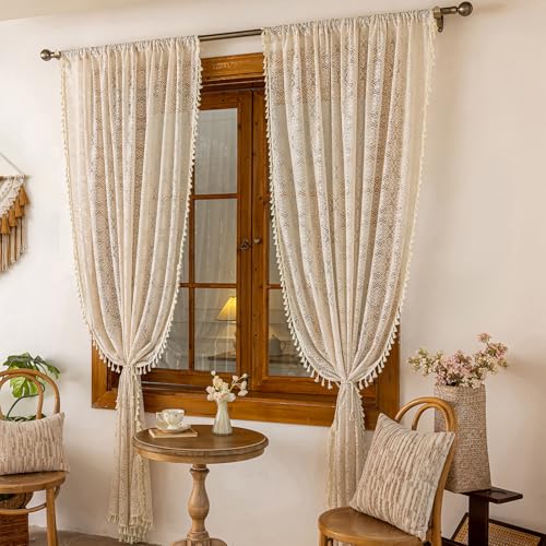Sheer Boho Lace Curtains 96 Inches Long, Beige, Set of 2 Panels - color: Beige, size: 59"W x 96"L (Pack of 2)