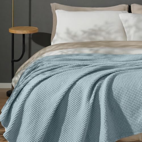 PHF 100% Cotton Waffle Blanket Lightweight Breathable, Queen, Dusty Blue - color: Dusty Blue, size: Queen(90" x 90")