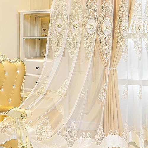 Amidoudou 1 Pair European Double Layer Curtains with Valance for Living Room Bedroom Luxury 3D Flower Embroidered Curtains (Yellow,51x84 Inch) - color: Yellow, size: 51"W x 84"L (Pack of 2)