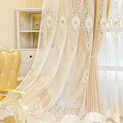 Amidoudou 1 Pair European Double Layer Curtains with Valance for Living Room Bedroom Luxury 3D Flower Embroidered Curtains (Yellow,51x84 Inch) - color: Yellow, size: 51"W x 84"L (Pack of 2)