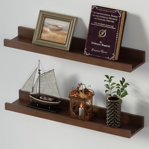 SAUMONIERES Picture Ledge Shelf Floating Book Shelves Set of 2 Wall Mounted Solid Wood for Bedroom Bathroom Living Room Kitchen, 24 Inch Walnut - color: Walnut, size: 24 inch