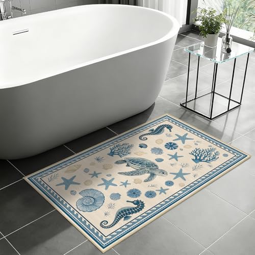 Coastal Nautical Rug 2x3 for Entryway Sea Turtle Starfish Ocean Seashell - color: Coastal, size: 2' x 3' (Rectangular)