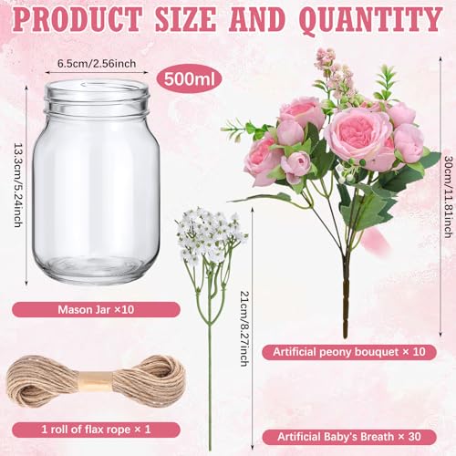 XunYee 10 Set Mason Jars for Centerpieces,Dark Pink,Peony, Gypsophila - color: Dark Pink, size: Peony, Gypsophila