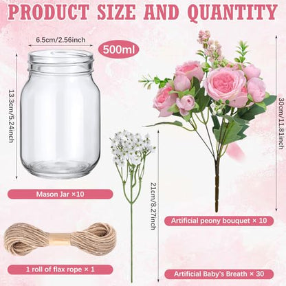 XunYee 10 Set Mason Jars for Centerpieces,Dark Pink,Peony, Gypsophila - color: Dark Pink, size: Peony, Gypsophila