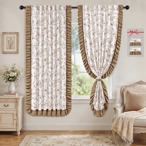 Yinhua Floral Curtains for Living Room 63 Inch Length French Country Linen Bedroom Curtains with Ruffle Tieback, Light Filtering Flower Patterned Window Curtain Rod Pocket Back Tab Drapes, 2 Panels - color: Brown, size: 52"W x 63"L (Pack of 2)