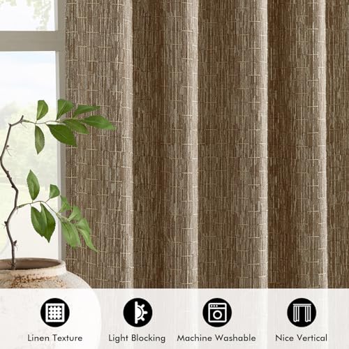MIULEE Patterned Farmhouse Linen Curtains, Back Tab, 52Wx63L, Brown - color: Brown, size: 52"W x 63"L (Pack of 2)