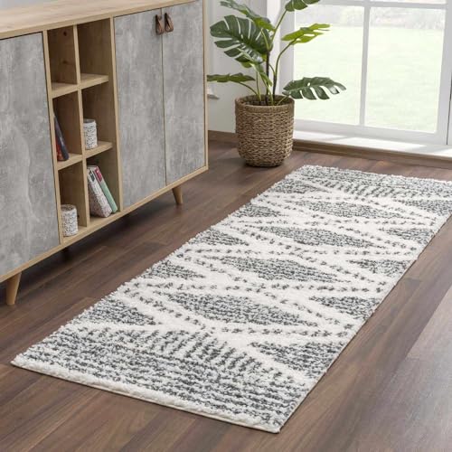 Hauteloom Atlas Moroccan Farmhouse Kitchen Hallway Entryway Shaggy Runner Rug - Bohemian Shag Rug - Plush High Pile - Southwestern Boho Soft Carpet - Black, Cream, Grey, Beige - 2'7" x 7'3" - color: Charcoal, Cream / Trunding, size: 2'7" x 7'3" (Runner)