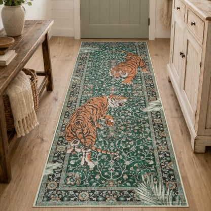 Moynesa Washable 2x6 Boho Tiger Runner Rug, Non Slip Runner for Hallway - color: Green, size: 2' x 6' (Rectangular)