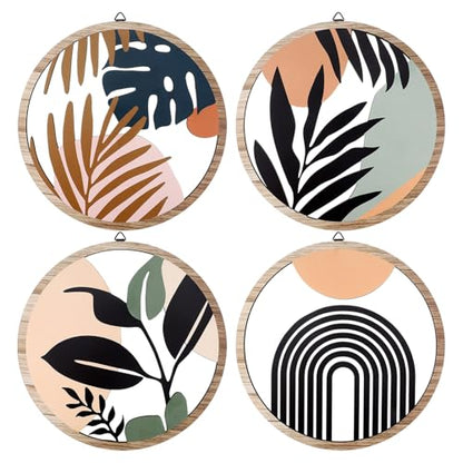 Qunclay 4 Pcs Boho Wall Art Bohemian Wood Round Circle Wall Decor Elegant - style: Elegant