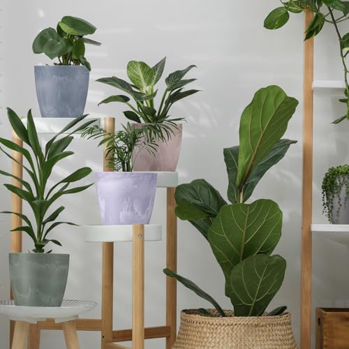 CroBlissful 5 Pack Flower Pots 5 Inch Outdoor Plant Pots for Indoor Marble Pattern Plastic Tree Planters with Drainage Holes Gardening Gifts for Patio Home Garden Desk Decoration