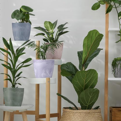 CroBlissful 5 Pack Flower Pots 5 Inch Outdoor Plant Pots for Indoor Marble Pattern Plastic Tree Planters with Drainage Holes Gardening Gifts for Patio Home Garden Desk Decoration