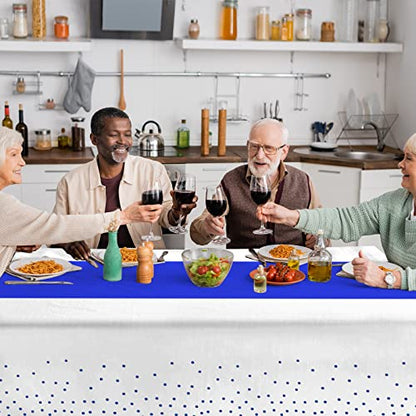 8Pack Disposable Plastic Tablecloths and Satin Table Runner White and Royal Blue Dot Tablecloth Blue Satin Table Runner for Wedding Birthday Baby Shower Anniversary Christmas New Year Party Supplies - color: White and Blue, size: 8 Pack