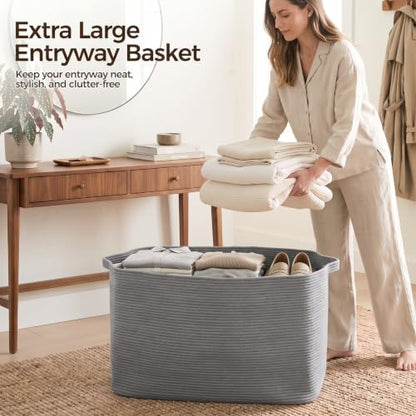 OIASKET 95L Extra Large Blanket Basket, 24" x 16.9" x 14.2" Woven Basket - color: Grey, size: 24"x16.9"x14.2"