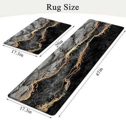 Kitchen Mats Set of 2, Cushioned Anti Fatigue Non Slip Waterproof Runner, Black Marble and Golden Veins Design, PVC Memory Foam for Kitchen Sink and Laundry - color: Black Marble 1
