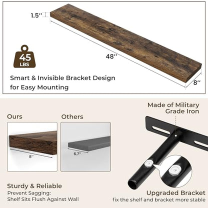 RICHFOCUS Long Floating Shelves for Wall 1Pack|Rustic Brown|48" Lx8 D - color: Rustic Brown, size: 47.2"L x 8"D, Set of 1