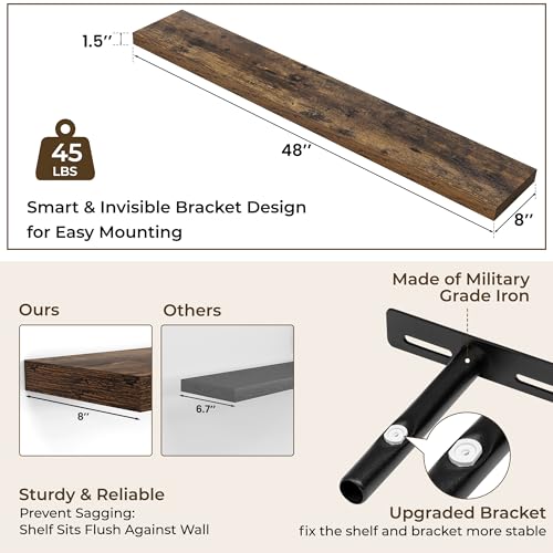 RICHFOCUS Long Floating Shelves for Wall 2Pack|Rustic Brown|48" Lx8 D - color: Rustic Brown, size: 47.2"L x 8"D, Set of 2