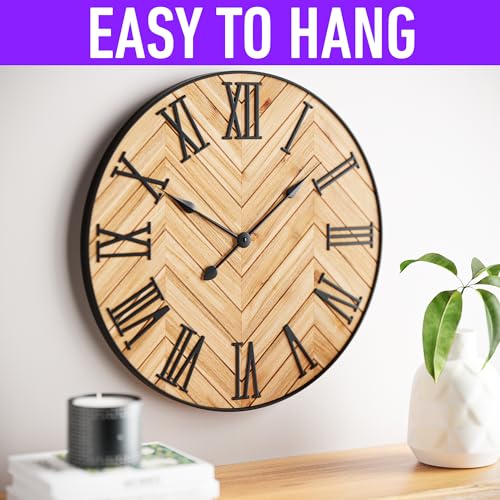 Large Wall Clock 24" Round, Silent Metal & Wood with Big 3D Roman Numerals - color: Brown