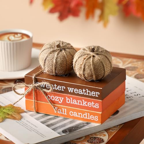 Fall Tiered Tray Decor, Wood Book Stack with Maple Leaves & Pumpkins - color: Book & Linen Pumpkin