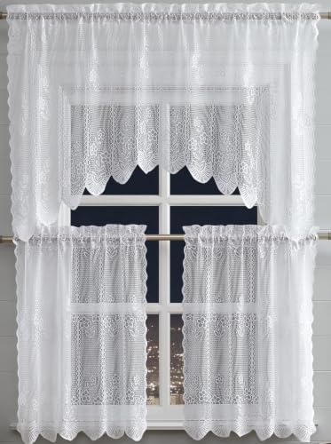 Warm Home Designs 3 Piece White Crochet Tiers & Swag. SIC White Set 24 - color: White, size: 30"W x 24"L (Pack of 3)