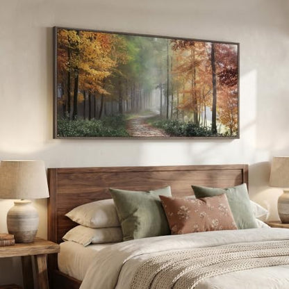 Framed Misty Forest Fall Landscape Wall Art for Living Room, 60x30 Inch - color: Green Orange