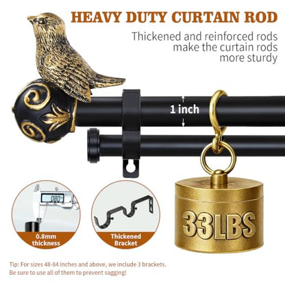 Double Curtain Rods for Windows 28-48 Inch, Gold Bird Finials - size: 28-48