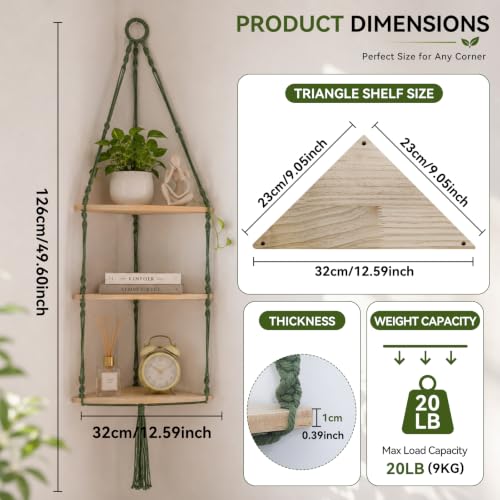 Artilady Corner Shelf Macrame Wall Hanging, Adjust Boho Storage Art, 3 Tier - color: Macrame Green 3