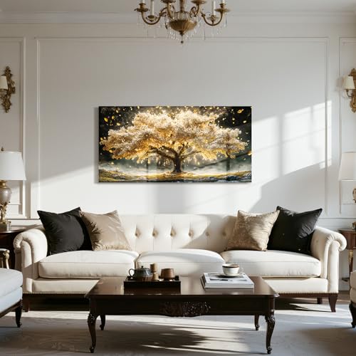 crmotu Tree of Life Large Wall Art, Golden Landscape Canvas Prints 20"x40" - color: Gold and Ivory, size: 40"L x 20"W