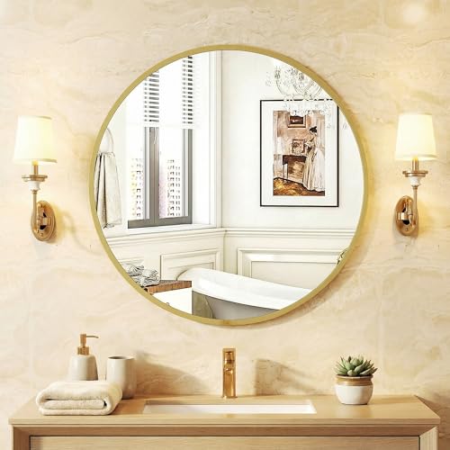NEWBULIG 24 Inch Round Wall Mirror, Bathroom Mirrors for Over Sink - color: Gold-round, size: 24"L x 24"W