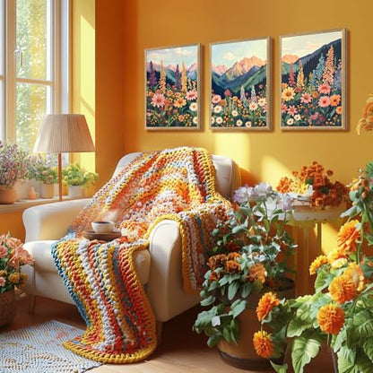 Hianan Wood Framed Boho Moutain Wildflower Wall Art Set of 3, 12x16 in - color: Colourful(Wood), size: 16"L x 12"W