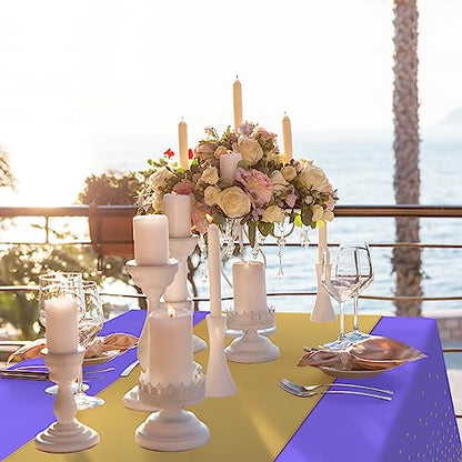 8Pack Disposable Plastic Tablecloths and Satin Table Runner Set Purple and Gold Dot Tablecloth Gold Satin Table Runner for Wedding Birthday Baby Shower Anniversary Christmas New Year Party Supplies - color: Purple and Gold, size: 8 Pack
