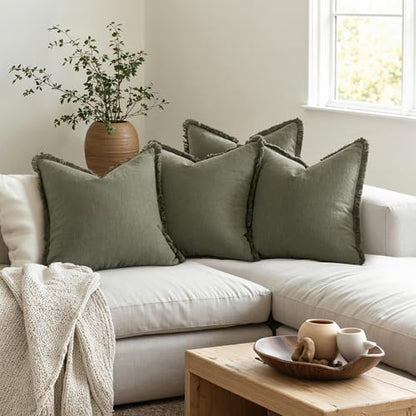 MIULEE Fall Linen Fringe Pillow Covers Set of 4 18x18 Olive Green - color: Olive Green, size: 18" x 18" (Pack of 4)