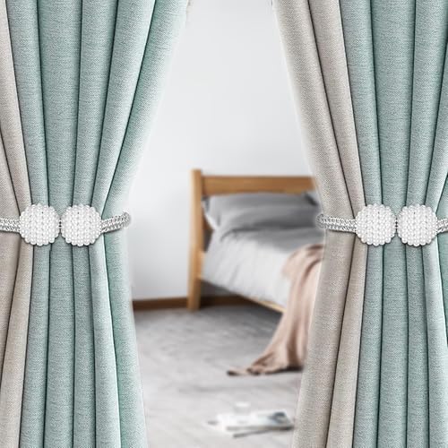 Magnetic Curtain Tiebacks with Pearl Accent, Simple Elegant Curtain Holdbacks for Home Window Drapery(2 Silver) - color: 2 Silver