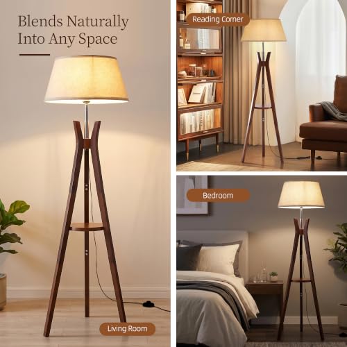 Tripod Floor Lamp with Shelves, 59'' Standing Lamp for Bedroom - color: Walnut