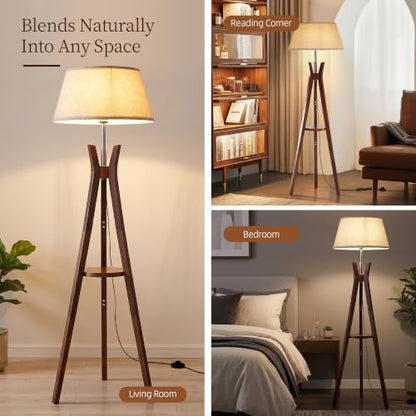 Tripod Floor Lamp with Shelves, 59'' Standing Lamp for Bedroom - color: Walnut