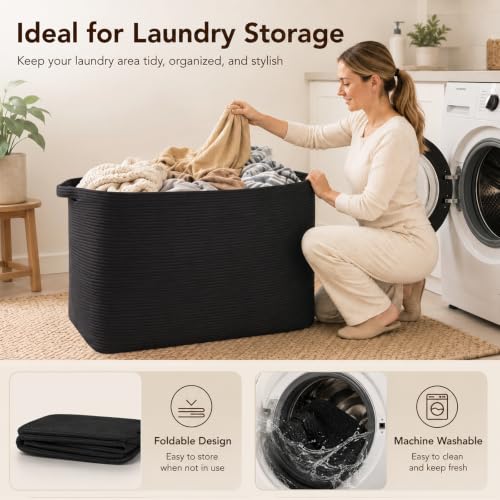 OIASKET 118L Extra Large Blanket Basket, 24.8" x 17.7" x 17.2" Woven Basket - color: Black, size: 24.8"x17.7"x16.2"