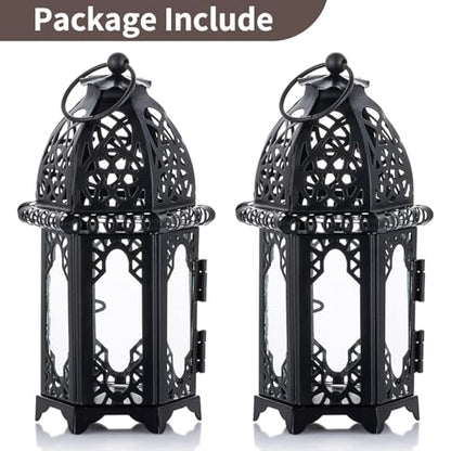 NUPTIO Moroccan Style Candle Lantern, Tealight Candle Holder with Glass - color: Black, size: 2 Pcs Small Size