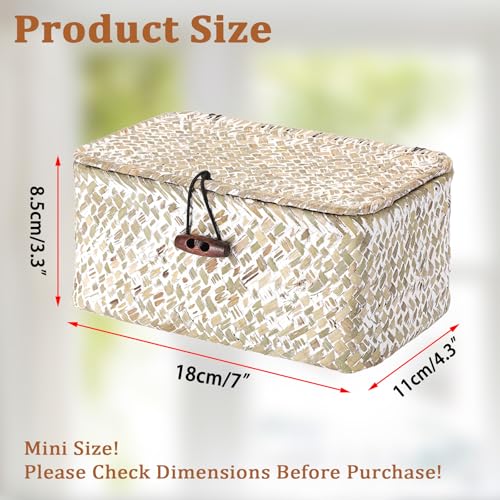 Handwoven Seagrass Basket Small Wicker Basket with Lid,7x4.3x 3.3" - color: Whitewash color, size: 7.0"L x 4.3"W x 3.3"H