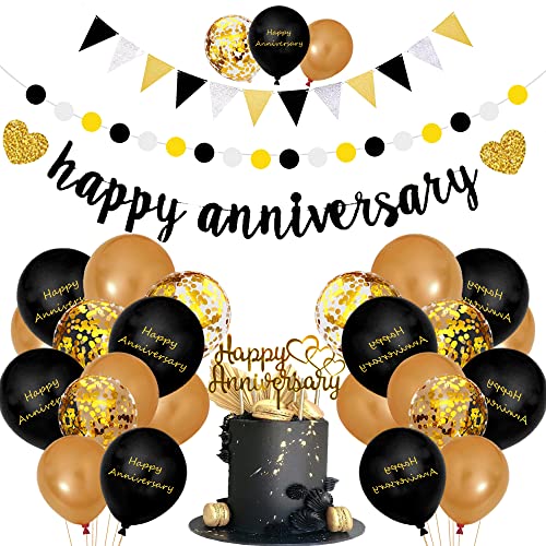 Happy Anniversary Decorations, Glitter Gold Black Happy Wedding Decorations Sets with Banner, Cake Topper, Glitter Hanging and Balloons for All Ages' Anniversary Party Decorations